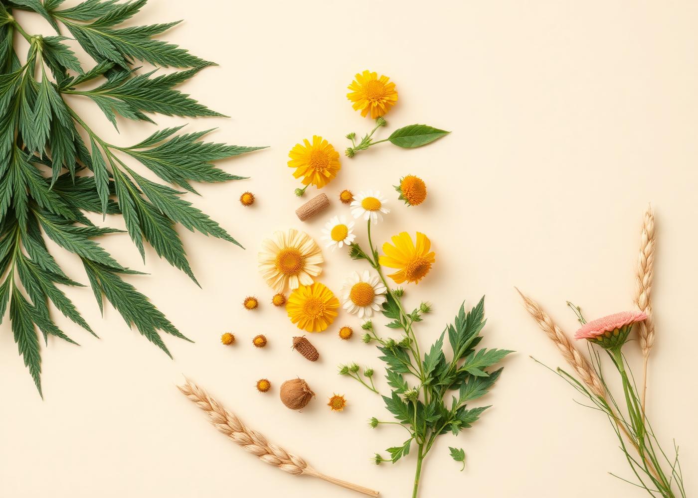 Organic hemp and botanical ingredients on a cream background